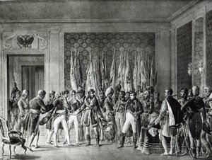 Napoleone consegna le bandiere vinte ad Austerlitz nel 1805 ai sindaci di Parigi in visita a Schönbrunn da L. Marin